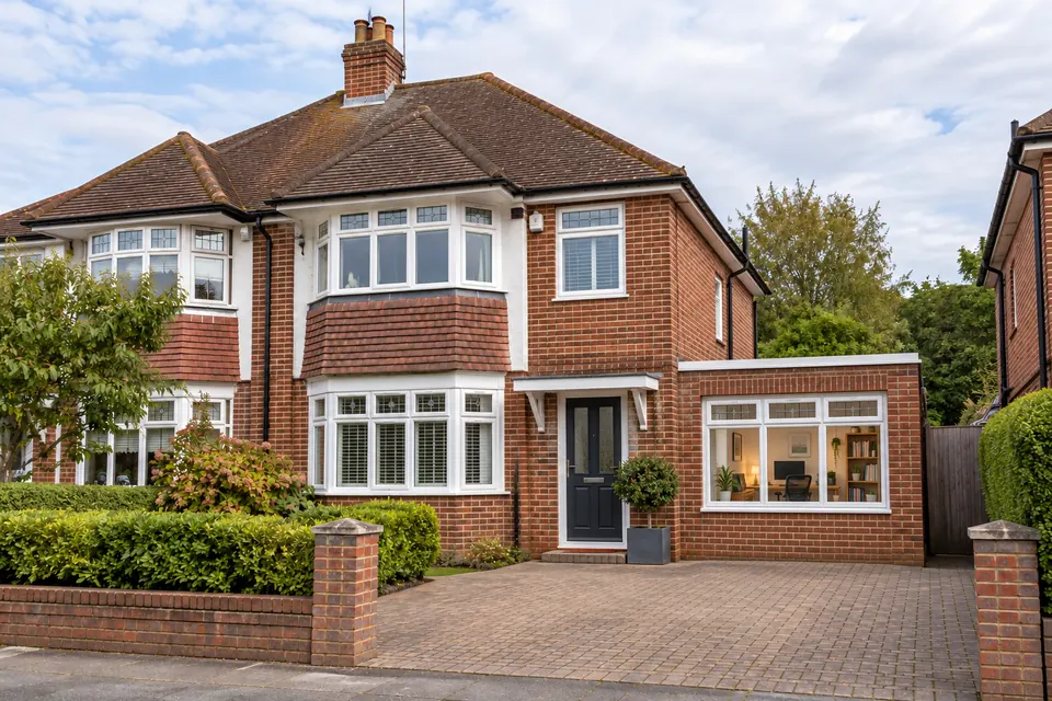 A 1930s semi-detached house in Shirley after its single garage became a home office, with a window where the garage door used to be