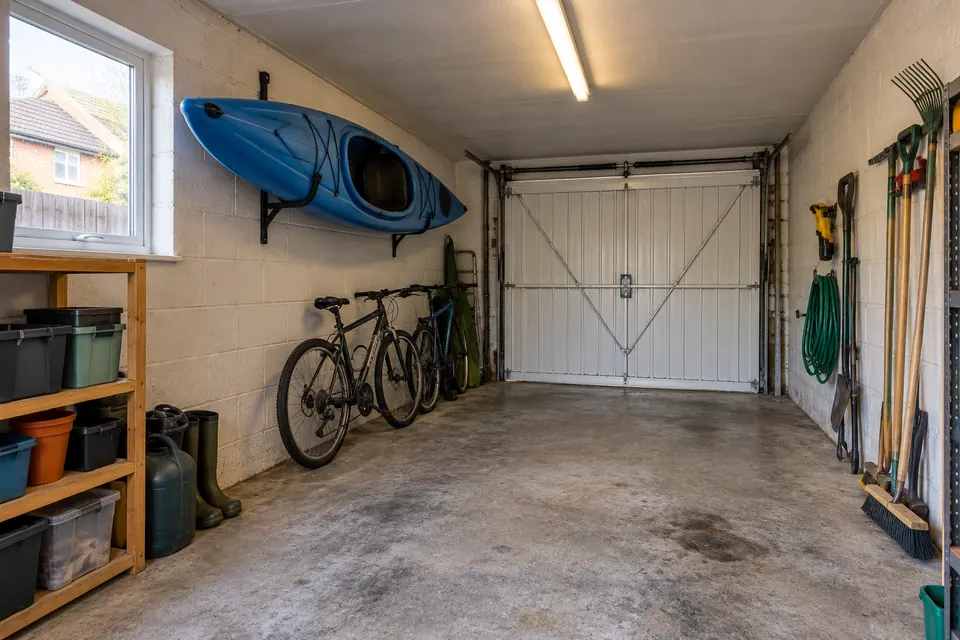 The garage before it became a family annexe: an empty single garage with bikes and tools (design visualisation)