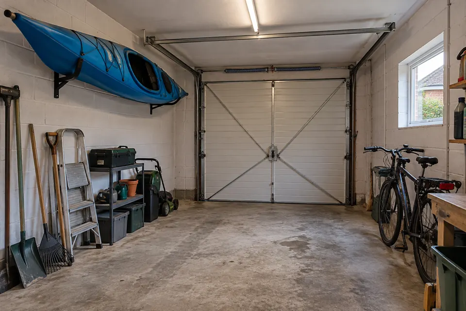 The garage before it became a bedroom: bare block walls, concrete floor, bikes and a kayak on the wall (design visualisation)