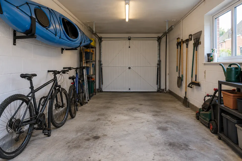 The garage before it became a cinema room: an empty single garage with bikes and tools (design visualisation)