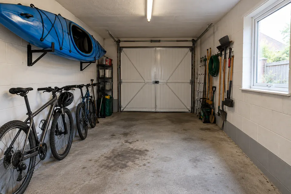 The garage before it became a home gym: bare block walls, concrete floor, bikes and a kayak on the wall (design visualisation)