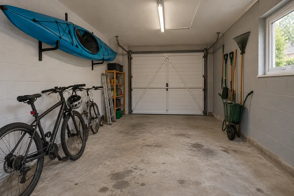 The garage before it became a kitchen-diner: bare block walls, concrete floor, bikes and a kayak on the wall (design visualisation)