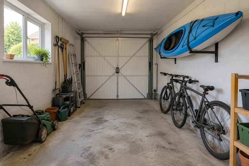 The garage before it became a living room: bare block walls, concrete floor, bikes and a kayak on the wall (design visualisation)