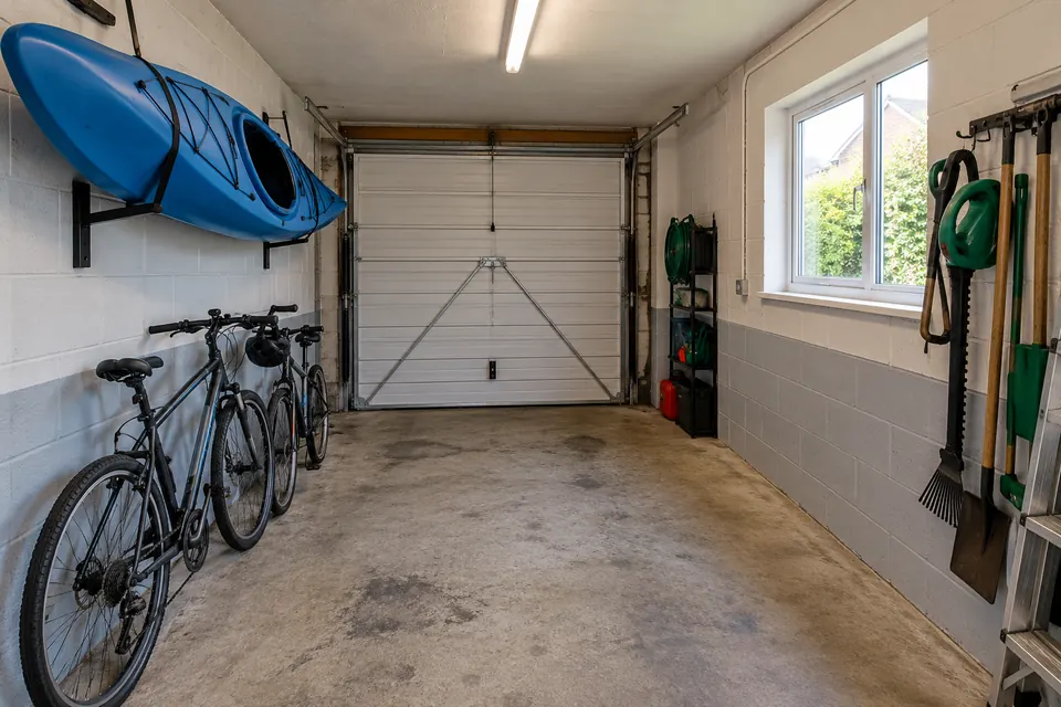 The garage before it became a utility room: an empty single garage with bikes and tools (design visualisation)