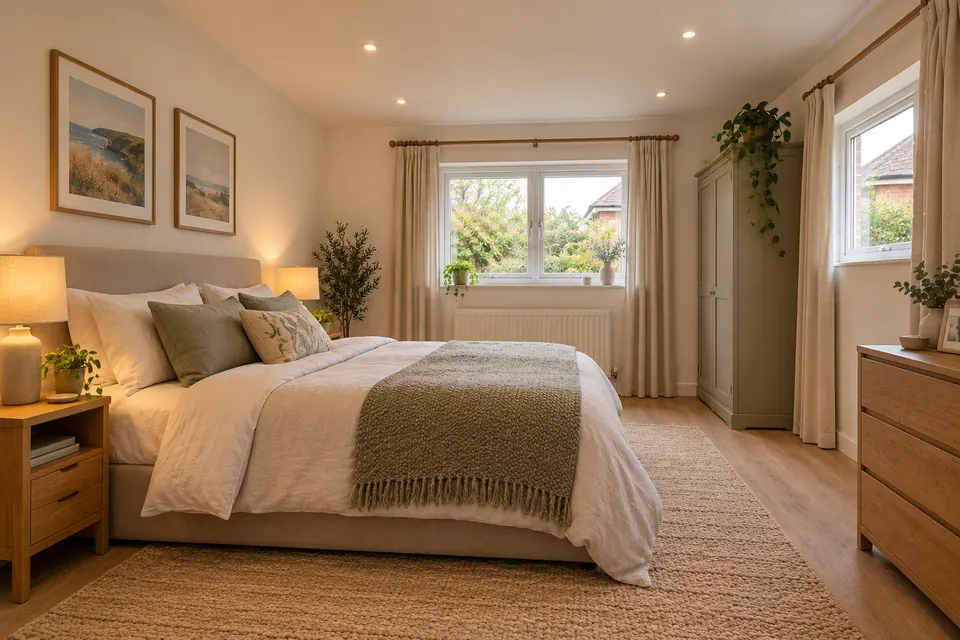 A converted garage finished as a ground-floor bedroom