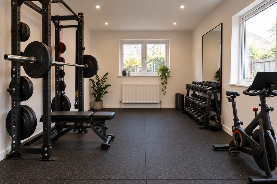 Inside the converted Eastleigh garage: the finished home gym, fitted out with exercise equipment