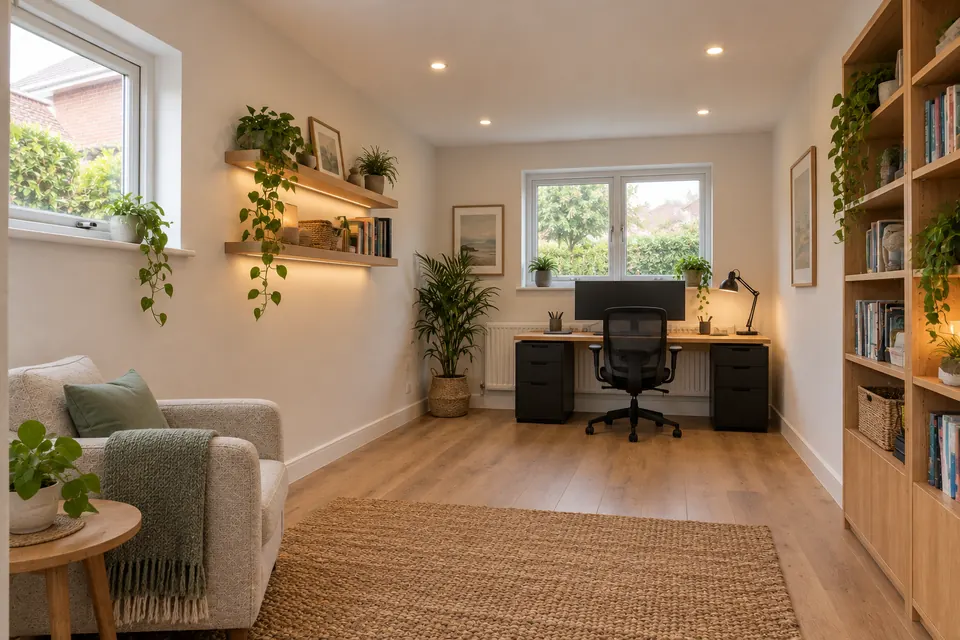 A converted garage fitted out as a home office with a desk
