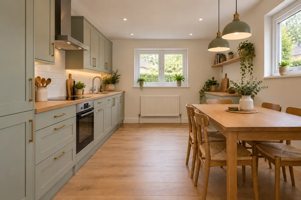 A converted garage opened into a kitchen-diner with fitted units